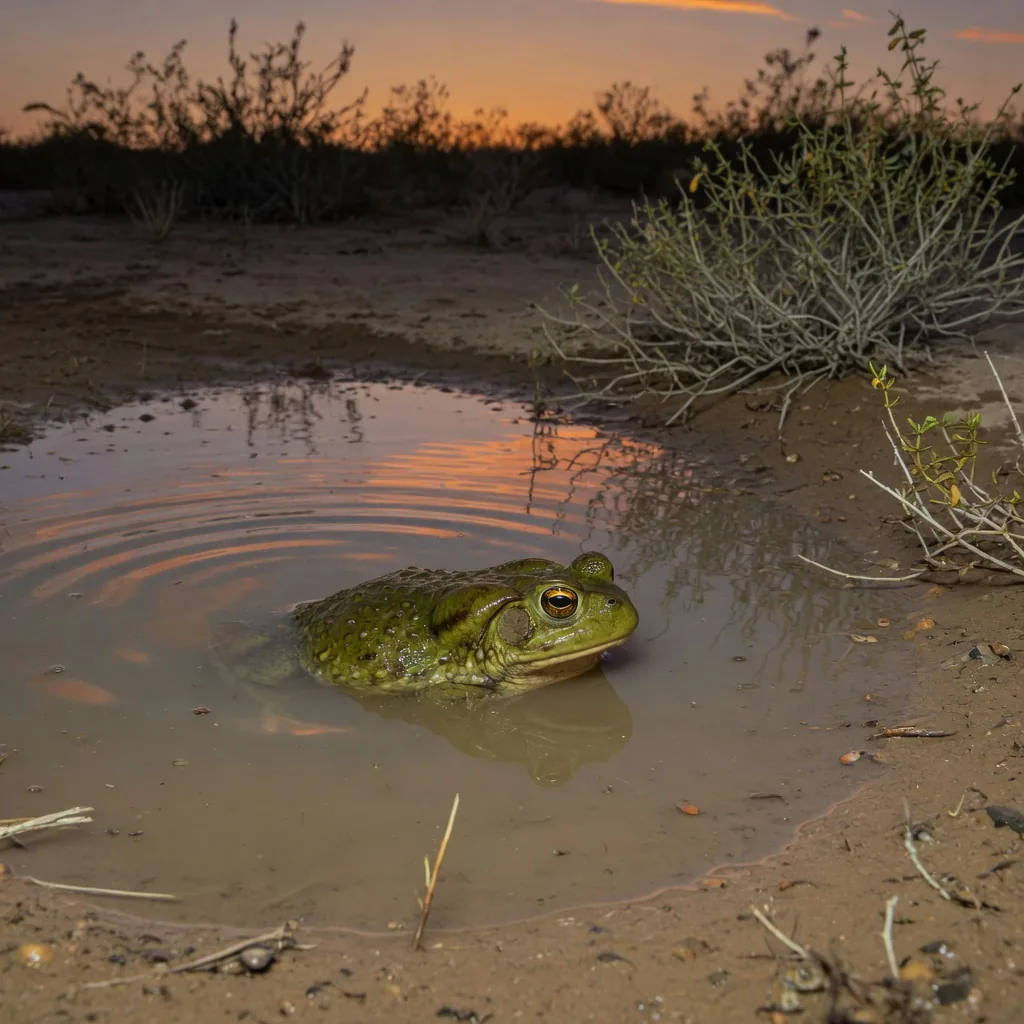 Sonoran desert toad half-submerged in a shallow desert rain pool at twilight