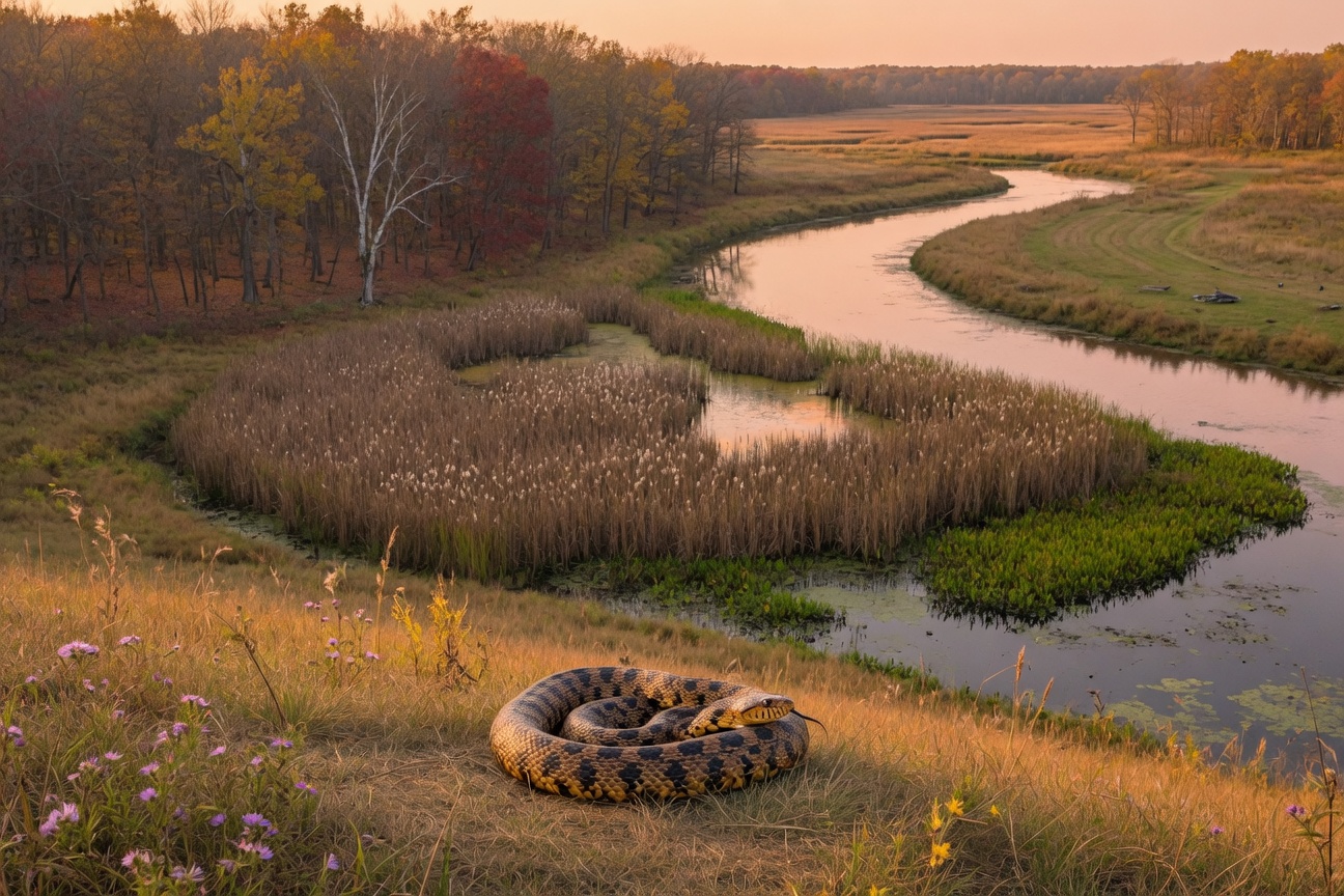 A patterned snake coils on a grassy bank overlooking a winding river and marshland with autumn trees.