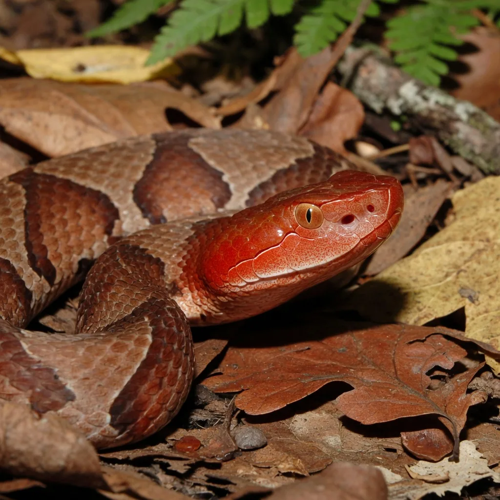 Northern copperhead snake on leaf litter showing its copper-colored head and hourglass crossband pattern