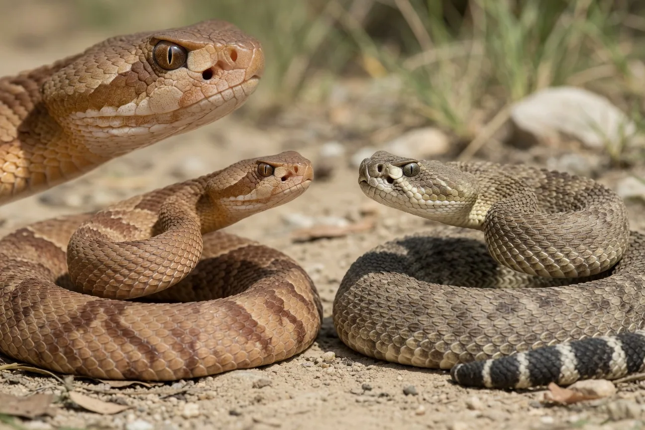 Diagram of four key pit viper identification features: heat pit, triangular head, heavy body, and elliptical pupil