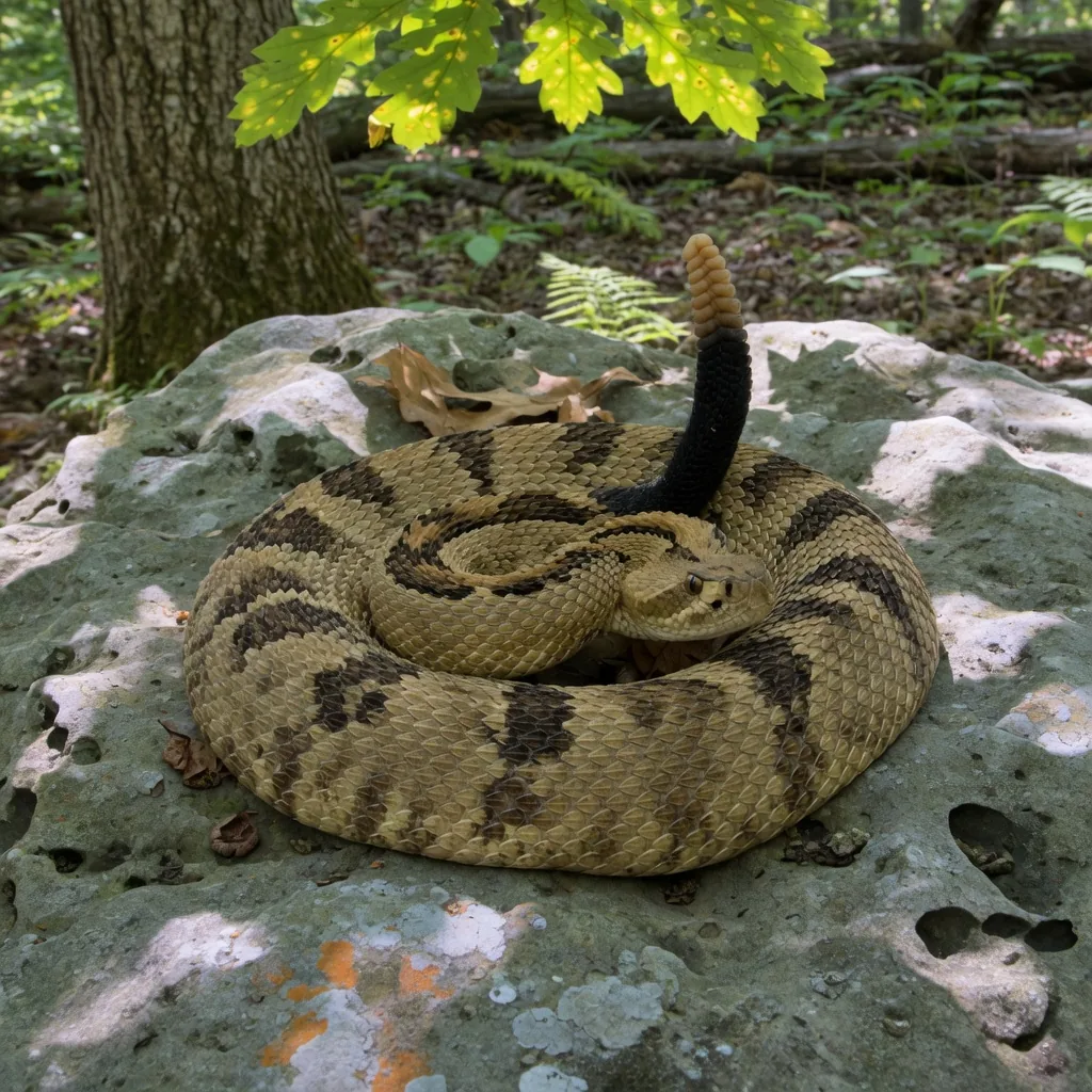 Timber rattlesnake coiled on a limestone outcrop showing banded pattern and rattle