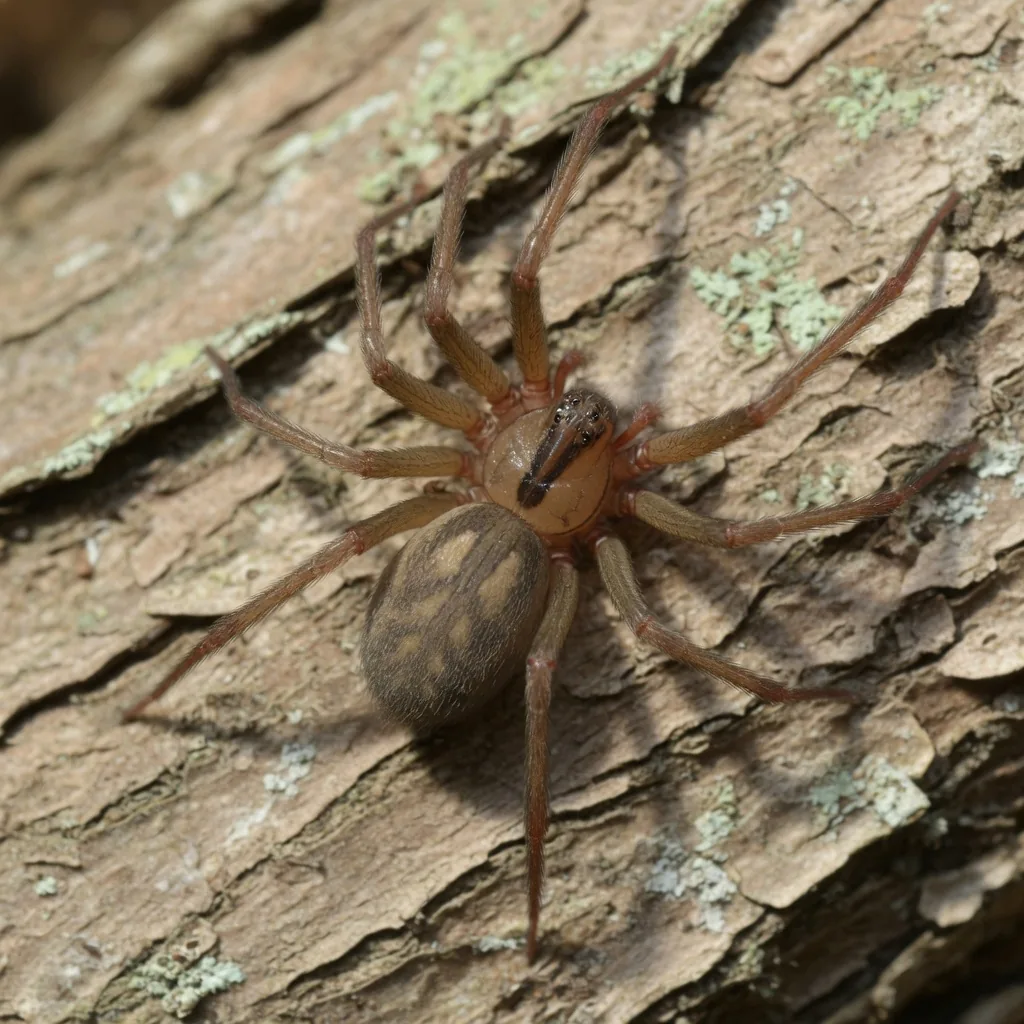A brown recluse spider showing the violin-shaped marking on its cephalothorax
