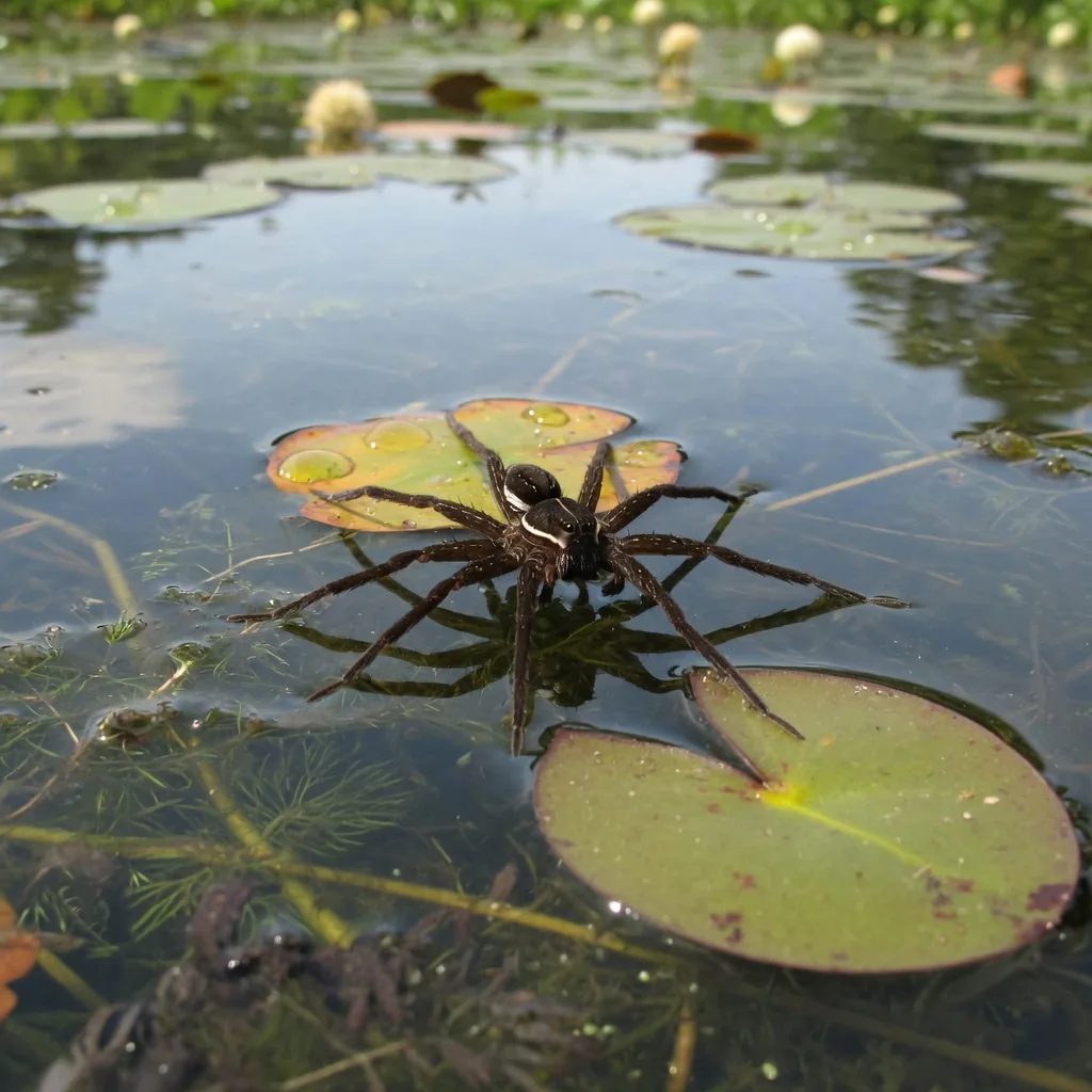 A six-spotted fishing spider walking on the surface of a Georgia pond