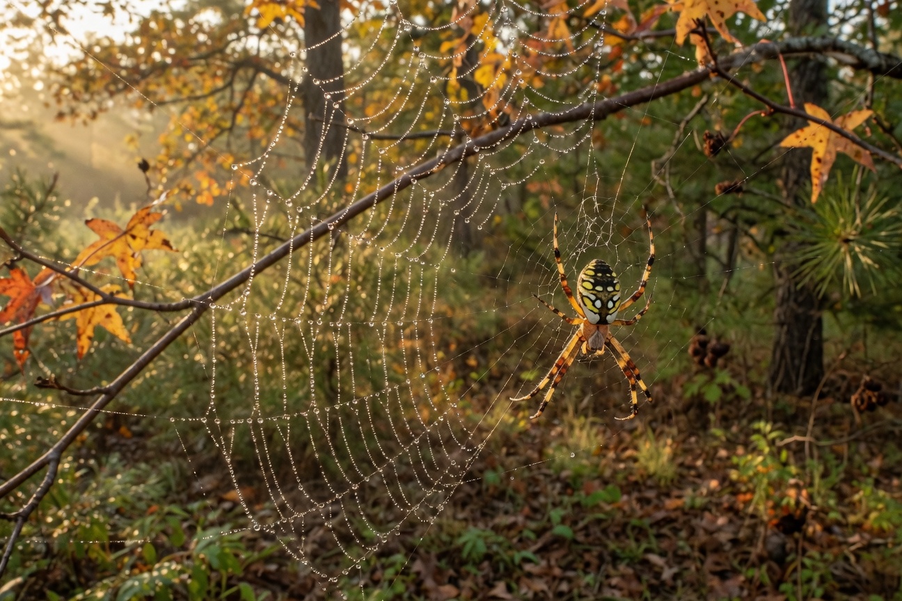 A yellow and black garden spider hangs in a dew-covered web surrounded by fall foliage.