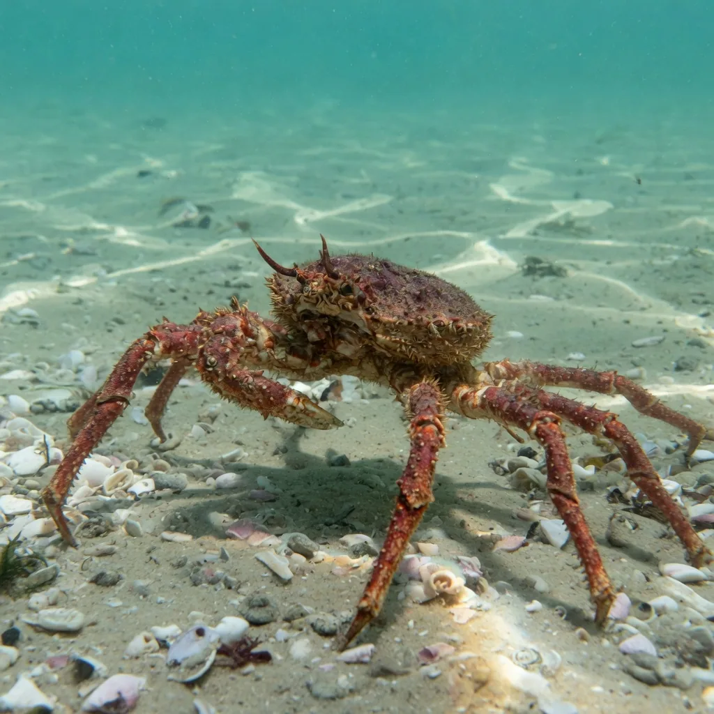 European spider crab (Maja squinado) on a sandy Mediterranean seabed, spiny reddish-brown shell and long legs