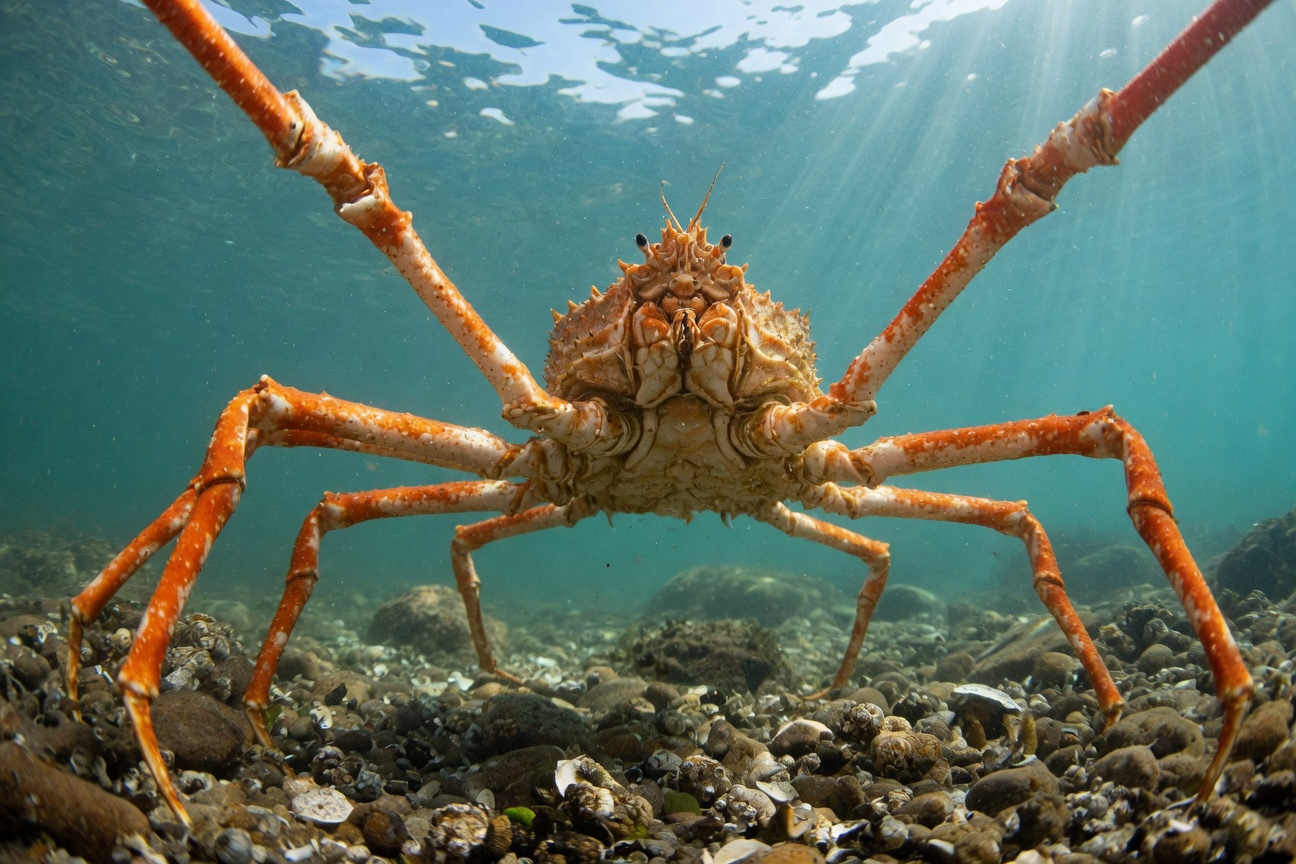 A spider crab with long orange legs stands on a rocky ocean floor with sunlight filtering from above.