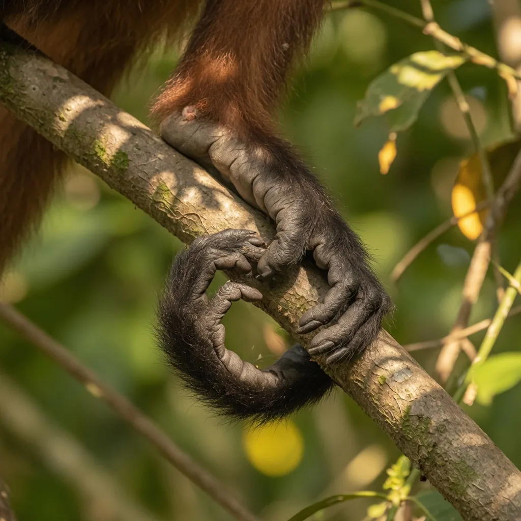 Close-up of a spider monkey's four curved hook-like fingers gripping a branch