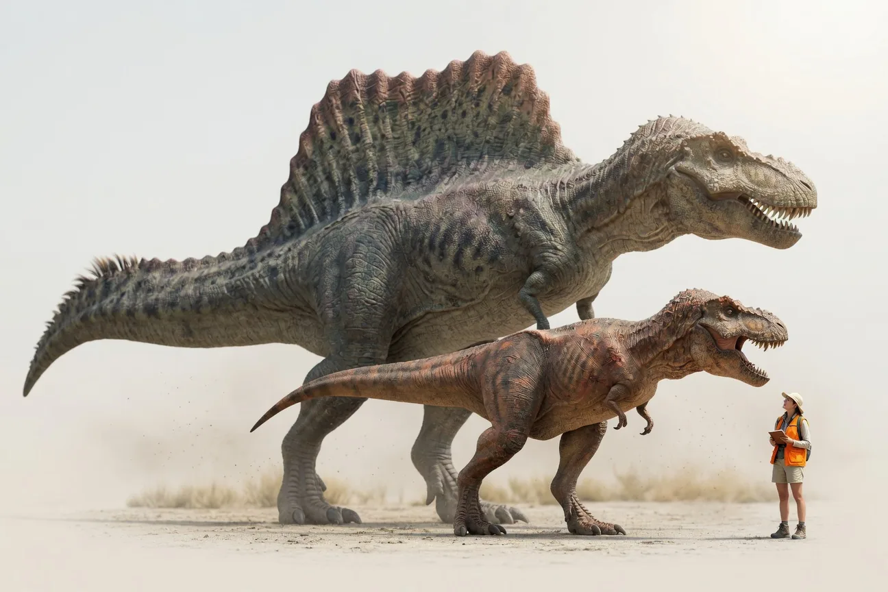 Size comparison showing Spinosaurus at 17 meters, Tyrannosaurus Rex at 13 meters, and a human figure at 1.8 meters.