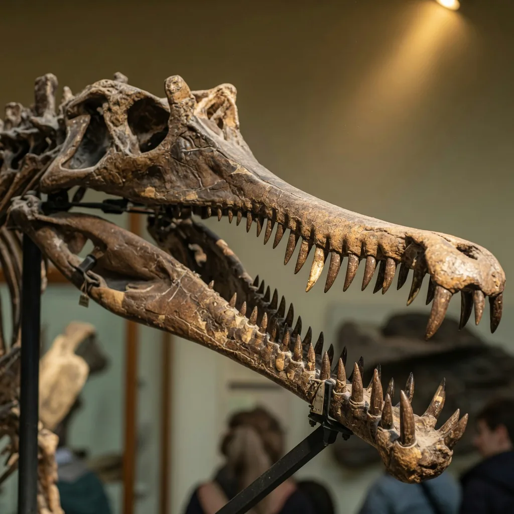 An elongated Spinosaurus skull fossil showing long narrow jaws lined with conical teeth, resembling a crocodile.