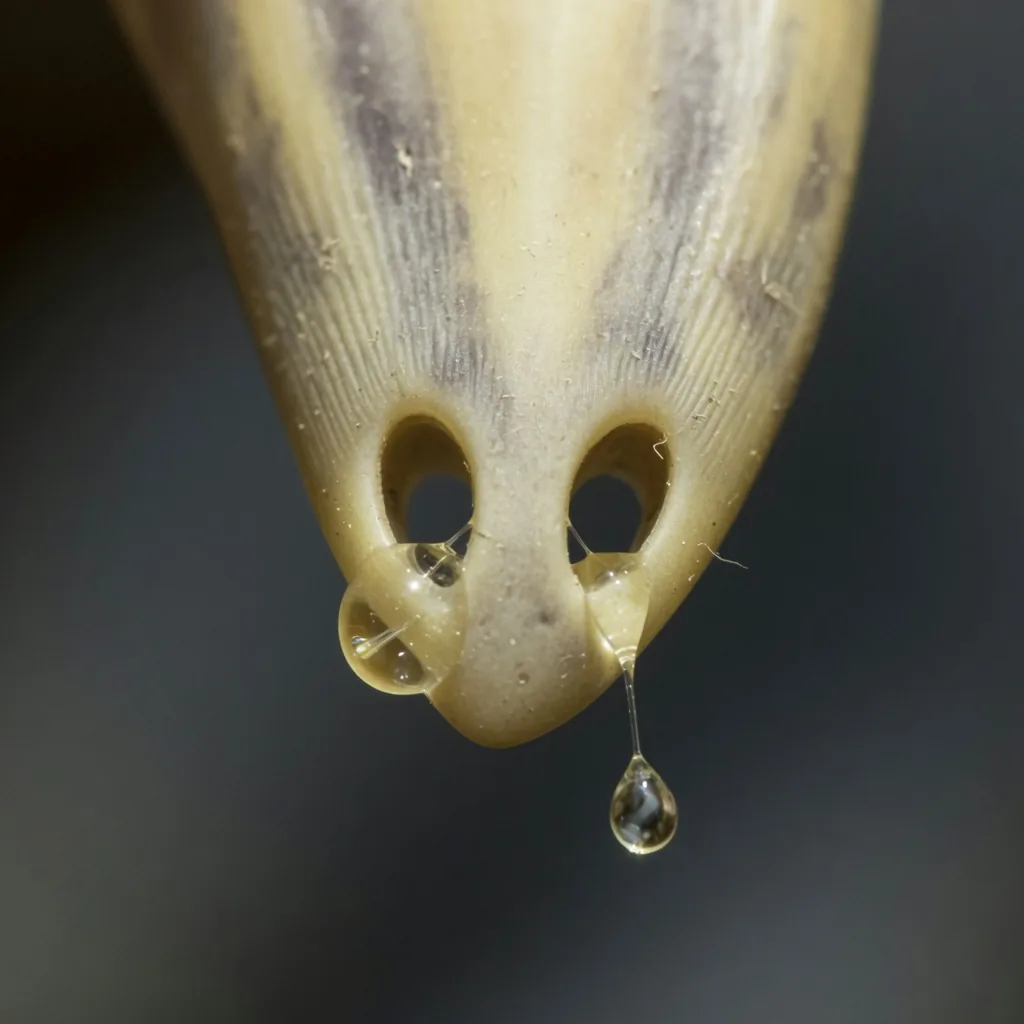 Close-up of a spitting cobra fang tip showing the tiny forward-facing holes through which venom is sprayed