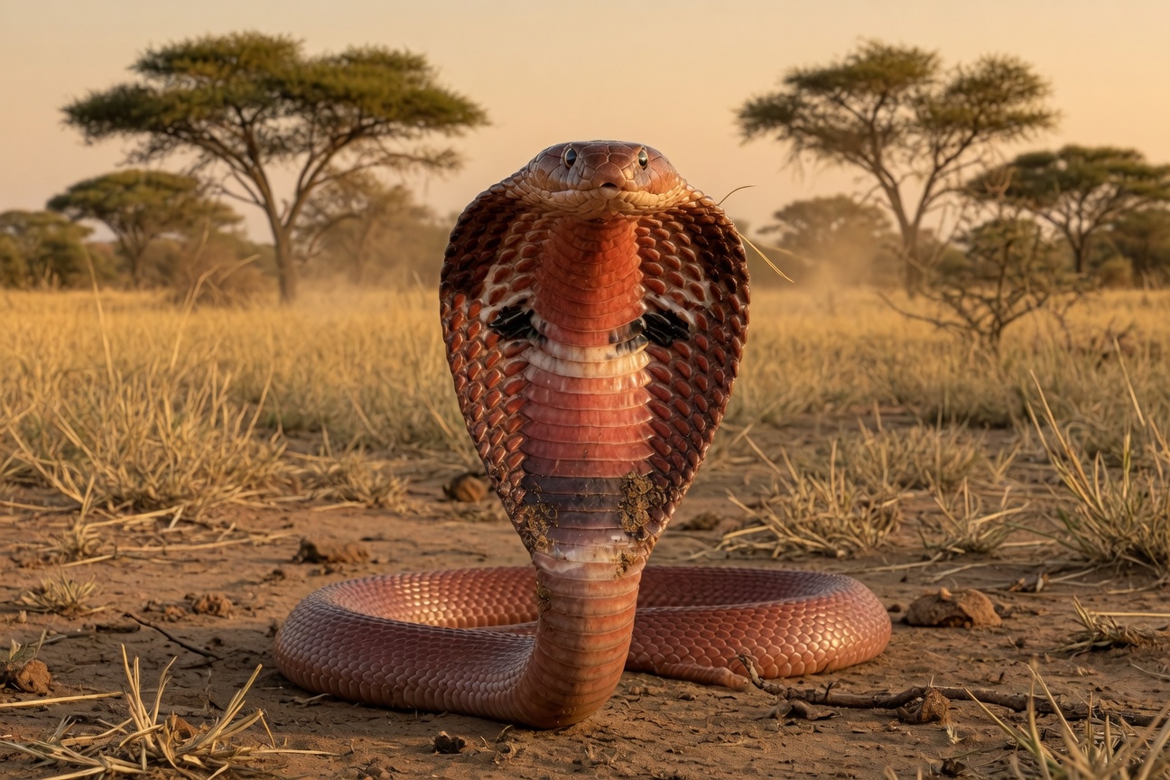 A reddish-brown spitting cobra stands with its hood flared in a dry grassy field with acacia trees in the background.