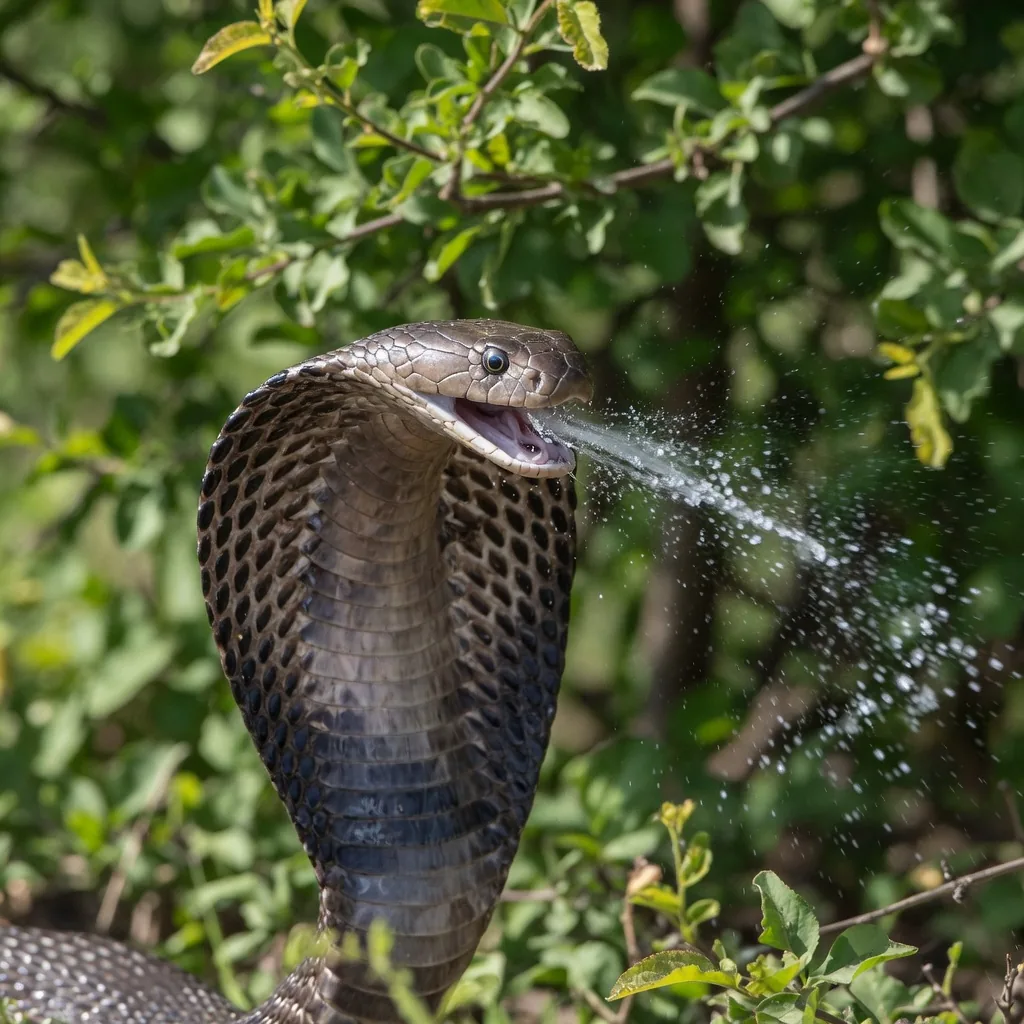 A spitting cobra spraying a jet of venom outward, hood fully spread