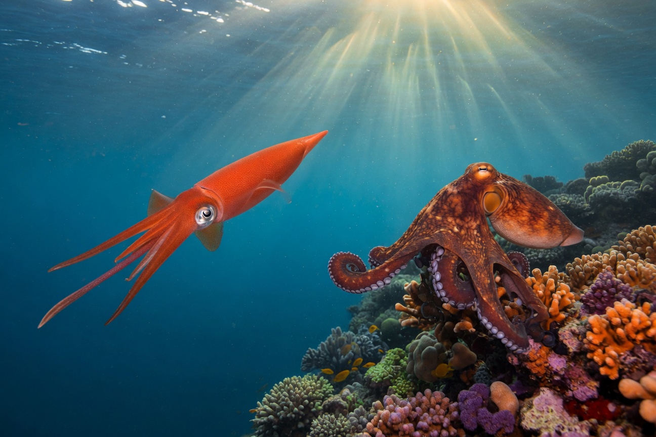 A red squid swims past a brown octopus perched on a colorful coral reef with sunlight streaming down.