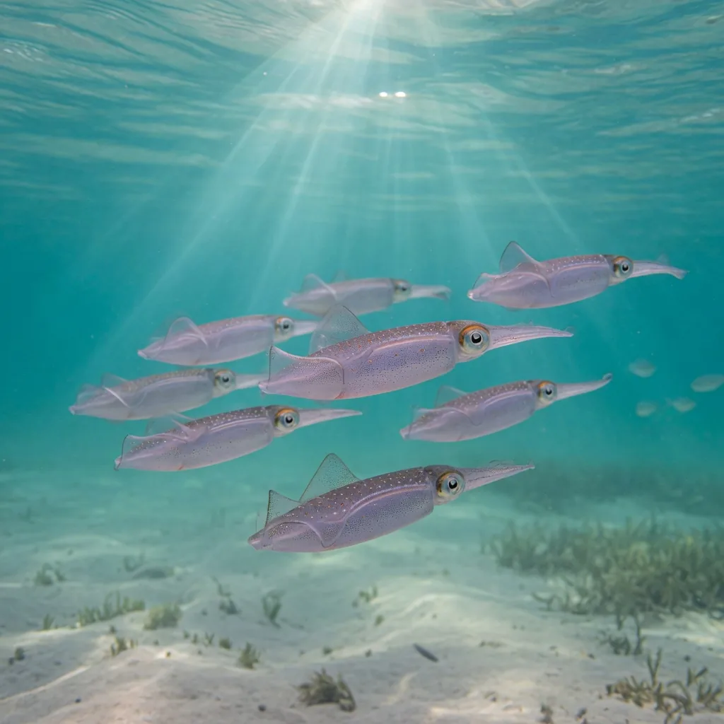 A school of squid swimming together in clear turquoise water above a sandy seabed