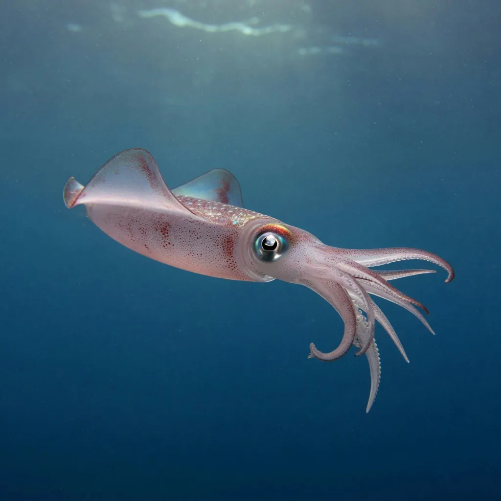 A reef squid hovering in open blue water, showing its long body, two side fins, big eye, and crown of arms and tentacles