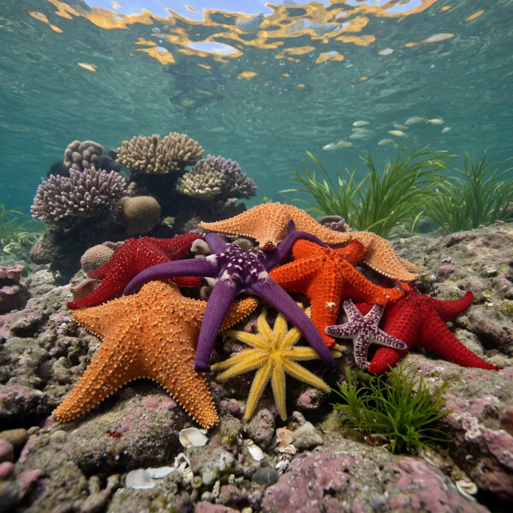 A variety of colorful starfish species (orange, red, purple, and yellow) resting on a rocky ocean floor