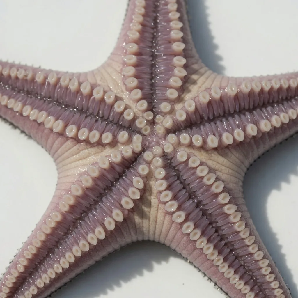 Close-up of a starfish's underside showing rows of tiny tube feet with suction cups