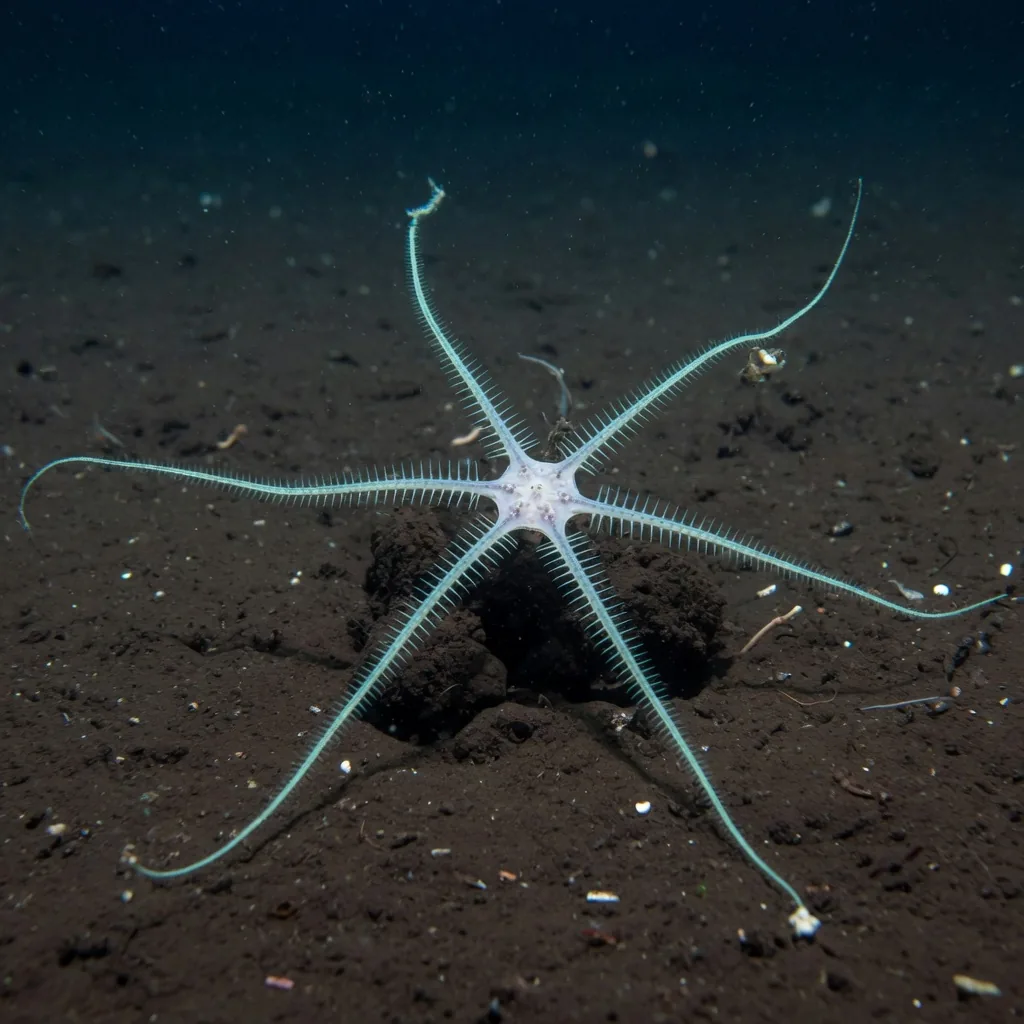 A pale brittle star on the dark deep-sea floor with long spindly arms outstretched