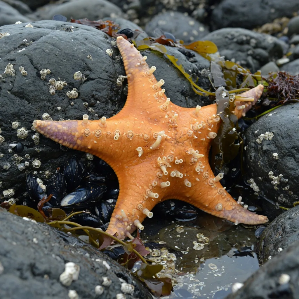 An orange sea star clinging to a rocky Pacific coast tidal pool, barnacles and mussels surrounding it