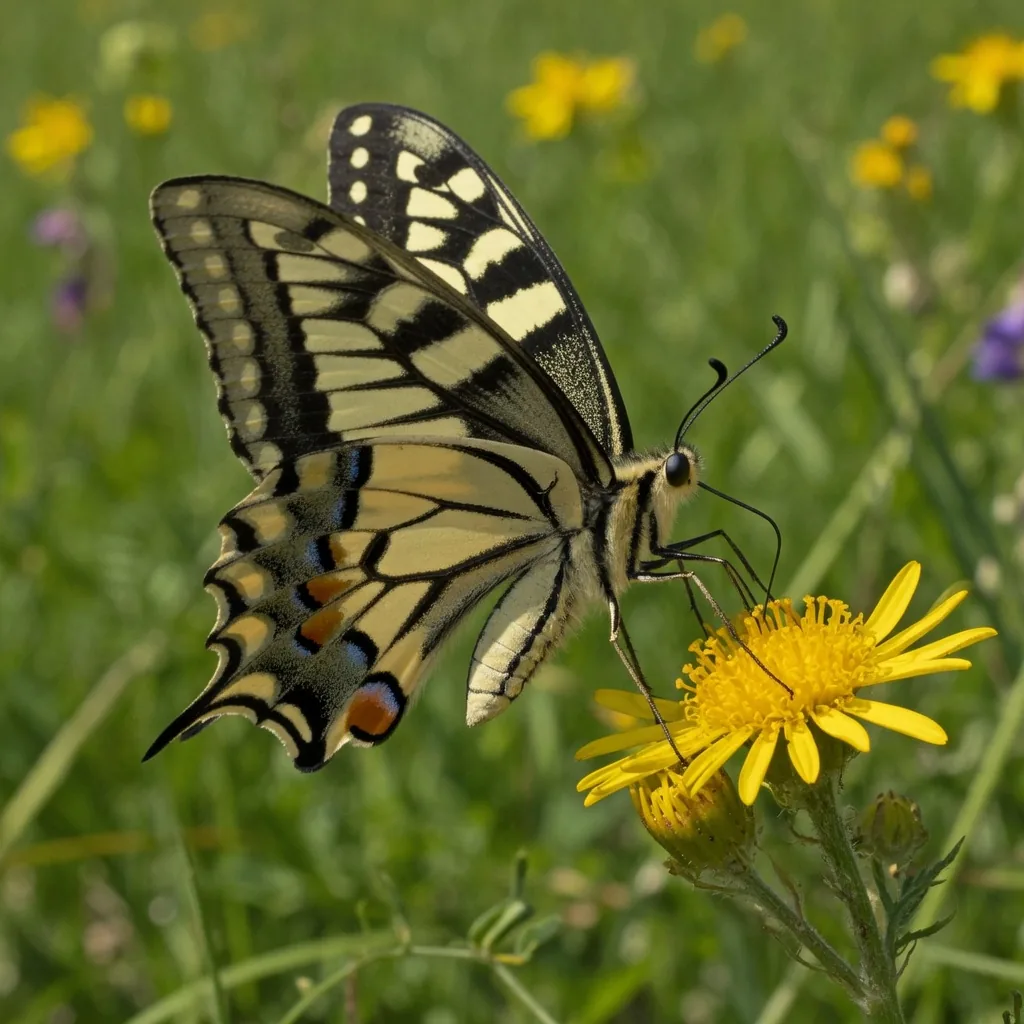 Old World swallowtail butterfly feeding on nectar, its long proboscis curling into a yellow wildflower