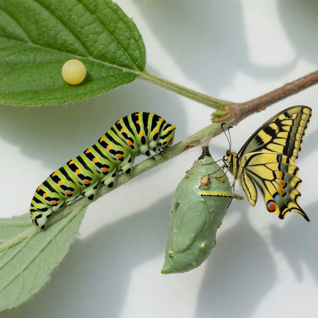 Four stages of the swallowtail butterfly life cycle: egg, caterpillar, chrysalis, and adult butterfly