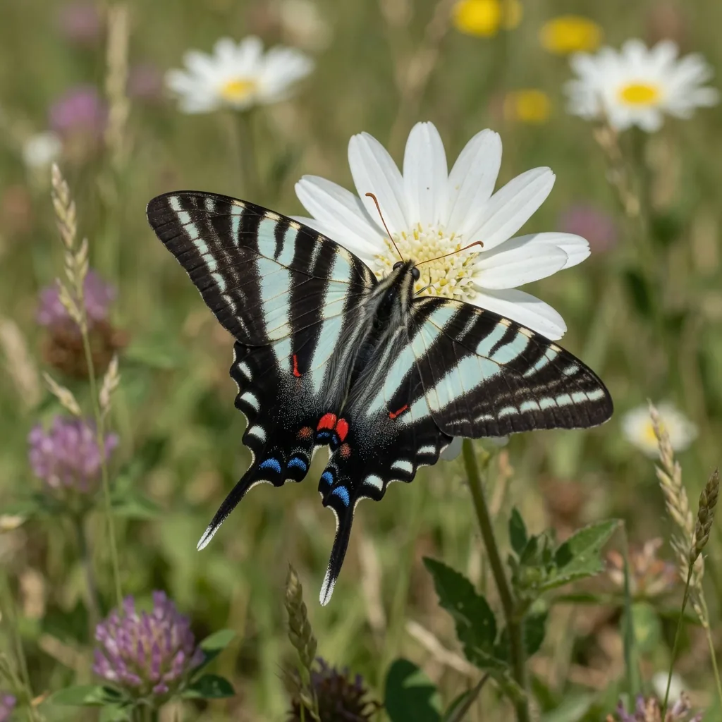 Zebra swallowtail butterfly with bold black and white striped wings perched on a white flower