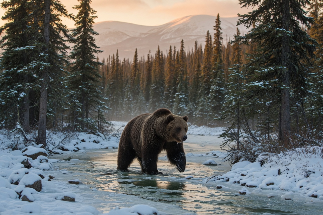 A brown bear walks through a shallow stream surrounded by snow-covered pine trees and distant mountains.