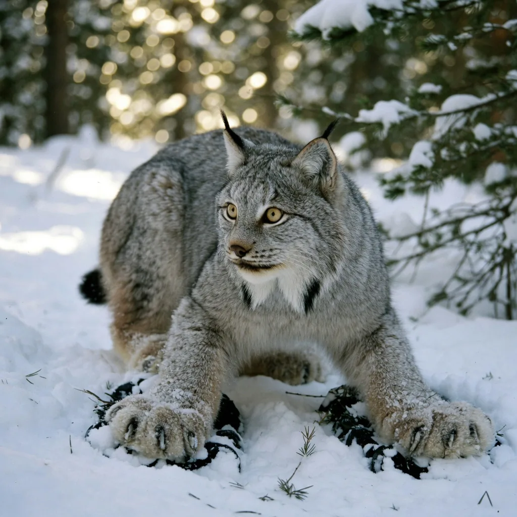 A Canada lynx crouching in deep snow in a taiga forest, its huge snowshoe paws spread wide