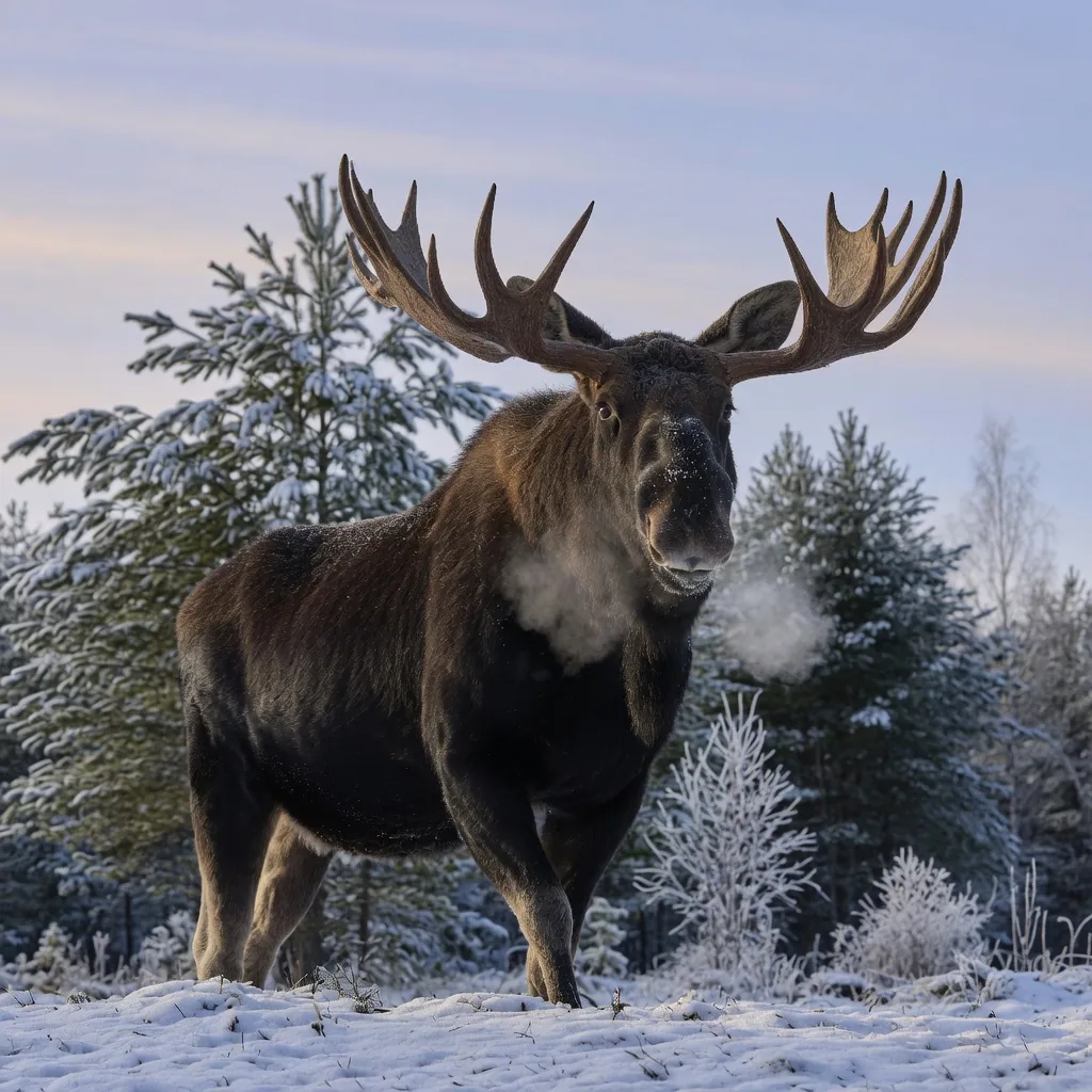A large bull moose standing at the edge of a snowy taiga forest, antlers silhouetted against a pale winter sky