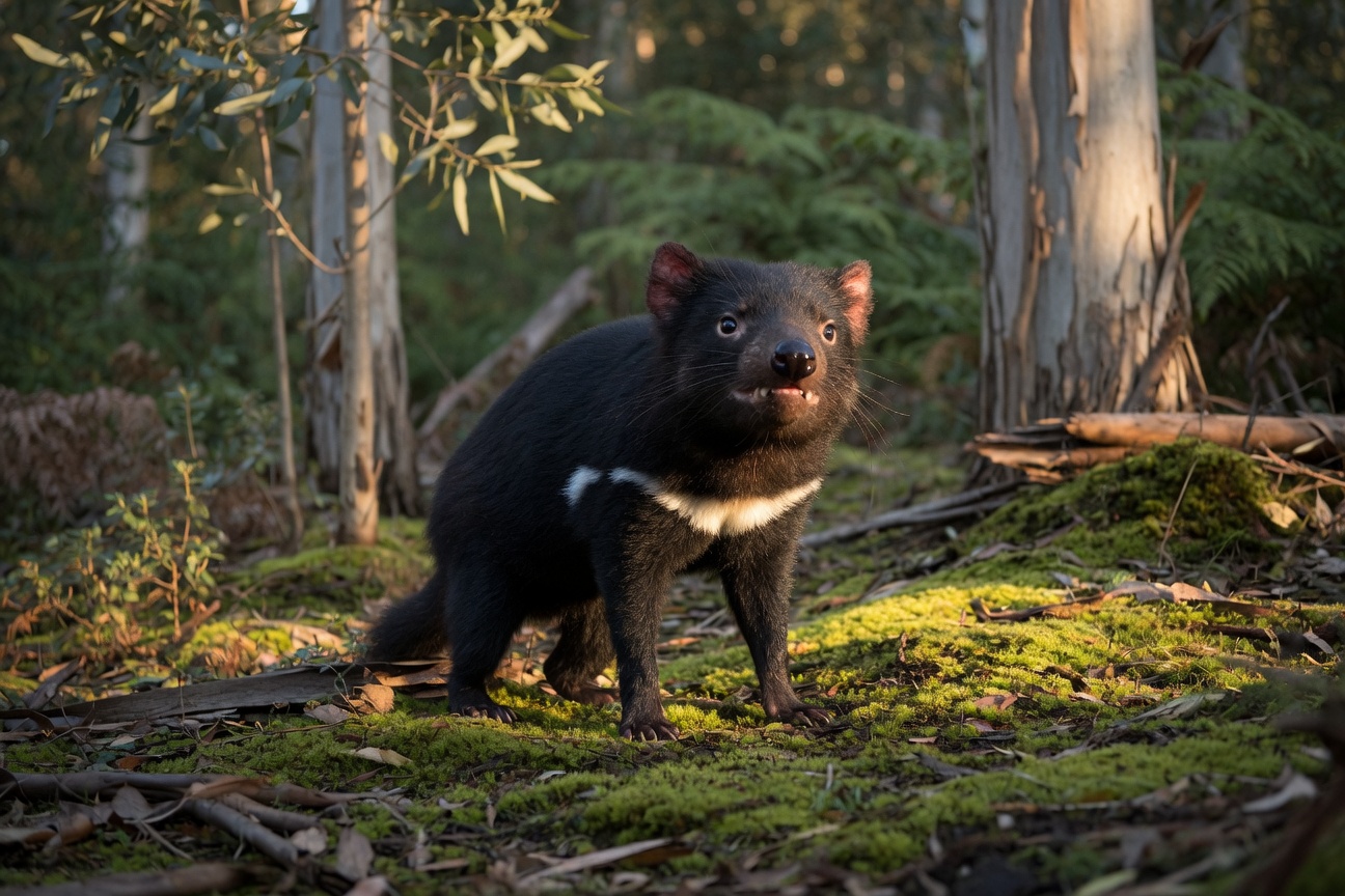 A black Tasmanian devil with a white chest patch stands on a mossy forest floor looking toward the camera.