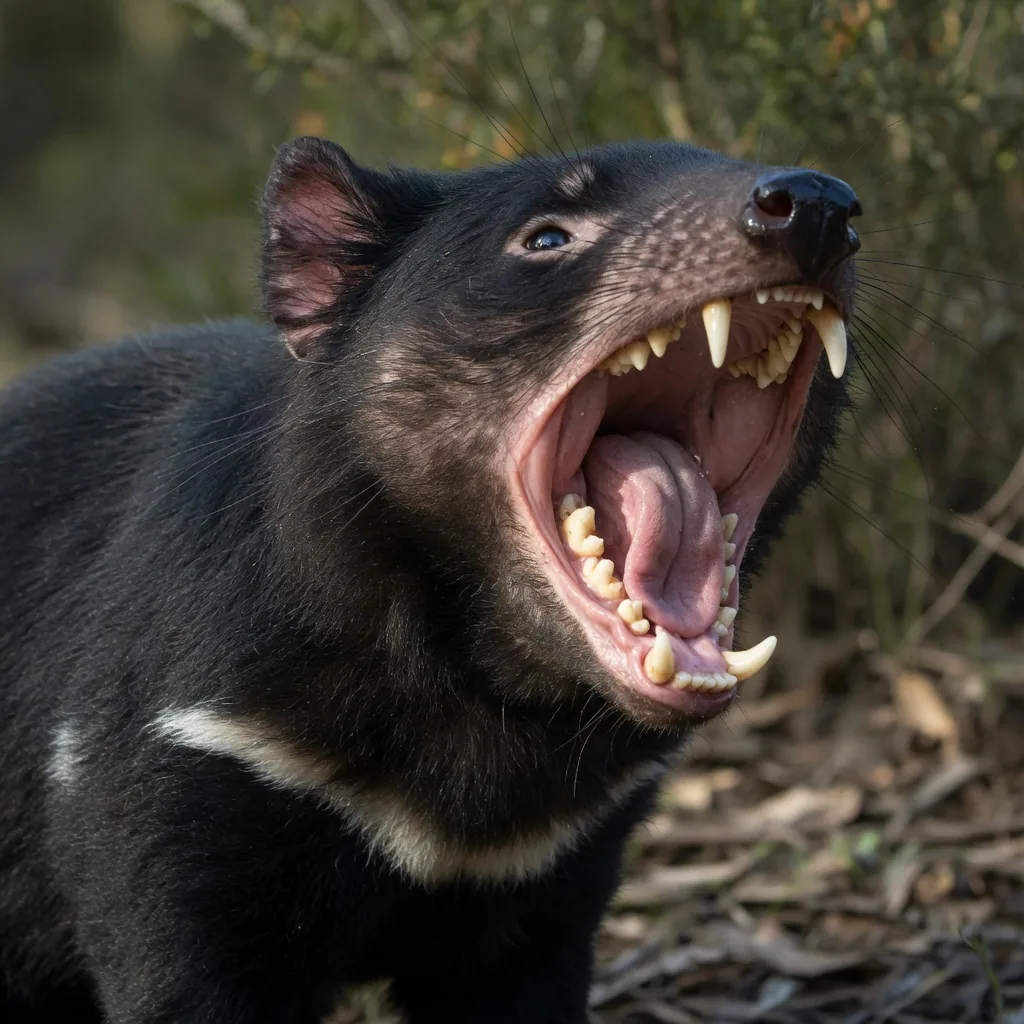 Close-up of a Tasmanian devil's powerful open jaws showing large sharp teeth