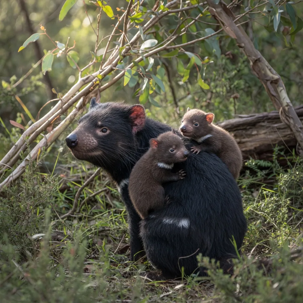 A Tasmanian devil mother with young joeys clinging to her back in Tasmanian bushland