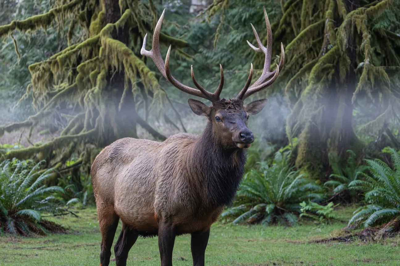 A large Roosevelt elk with antlers standing in a misty, fern-filled Pacific Northwest temperate rainforest