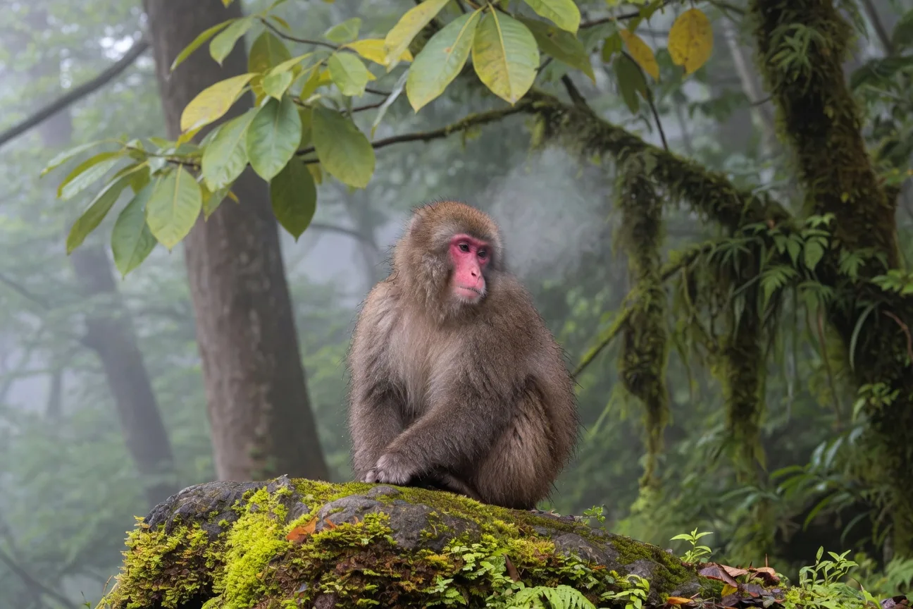 A Japanese macaque snow monkey with a pink face sitting on a mossy rock in a misty mountain forest