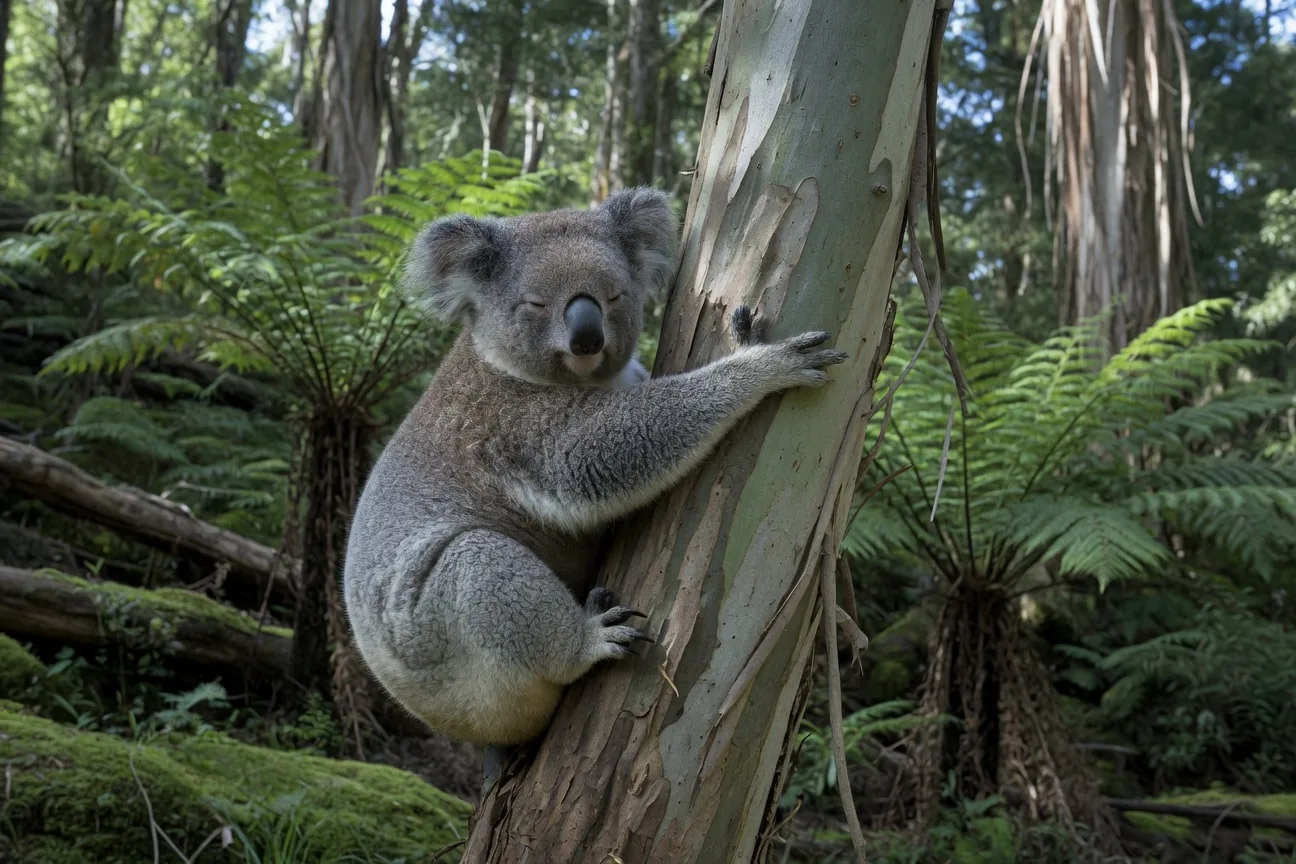 A wild koala gripping a eucalyptus tree trunk in a green, fern-filled Tasmanian rainforest gully