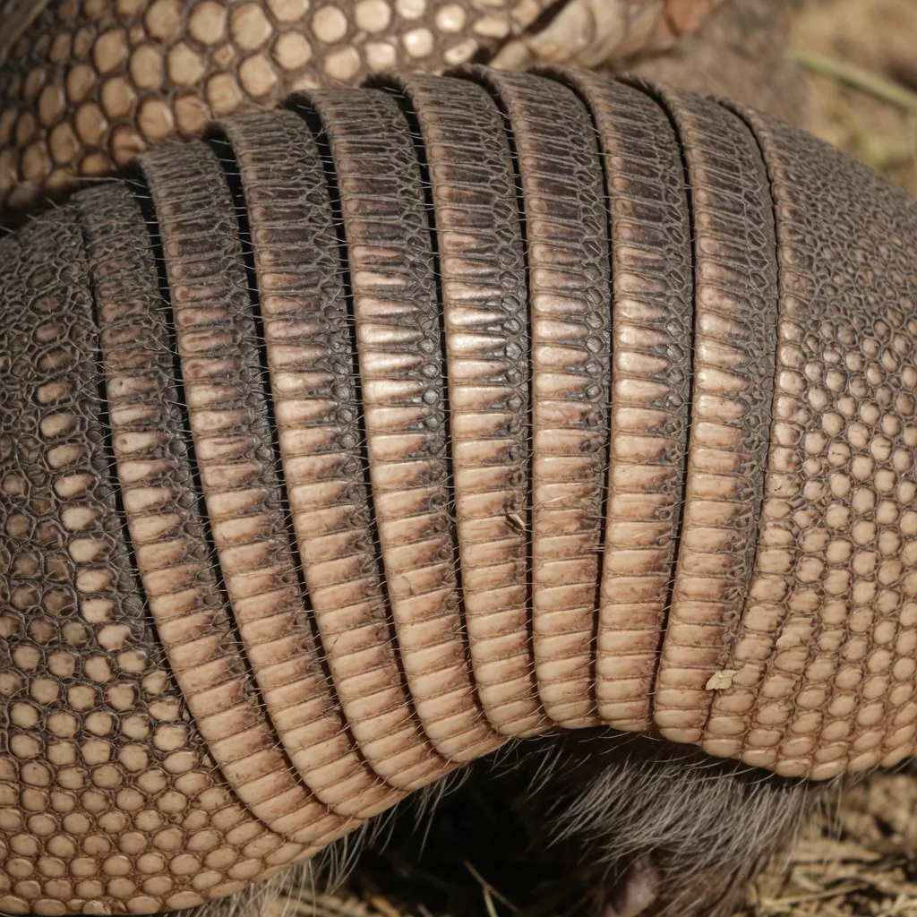 Close-up of a nine-banded armadillo's bony armored shell, showing the distinctive bands and scutes in sharp detail.