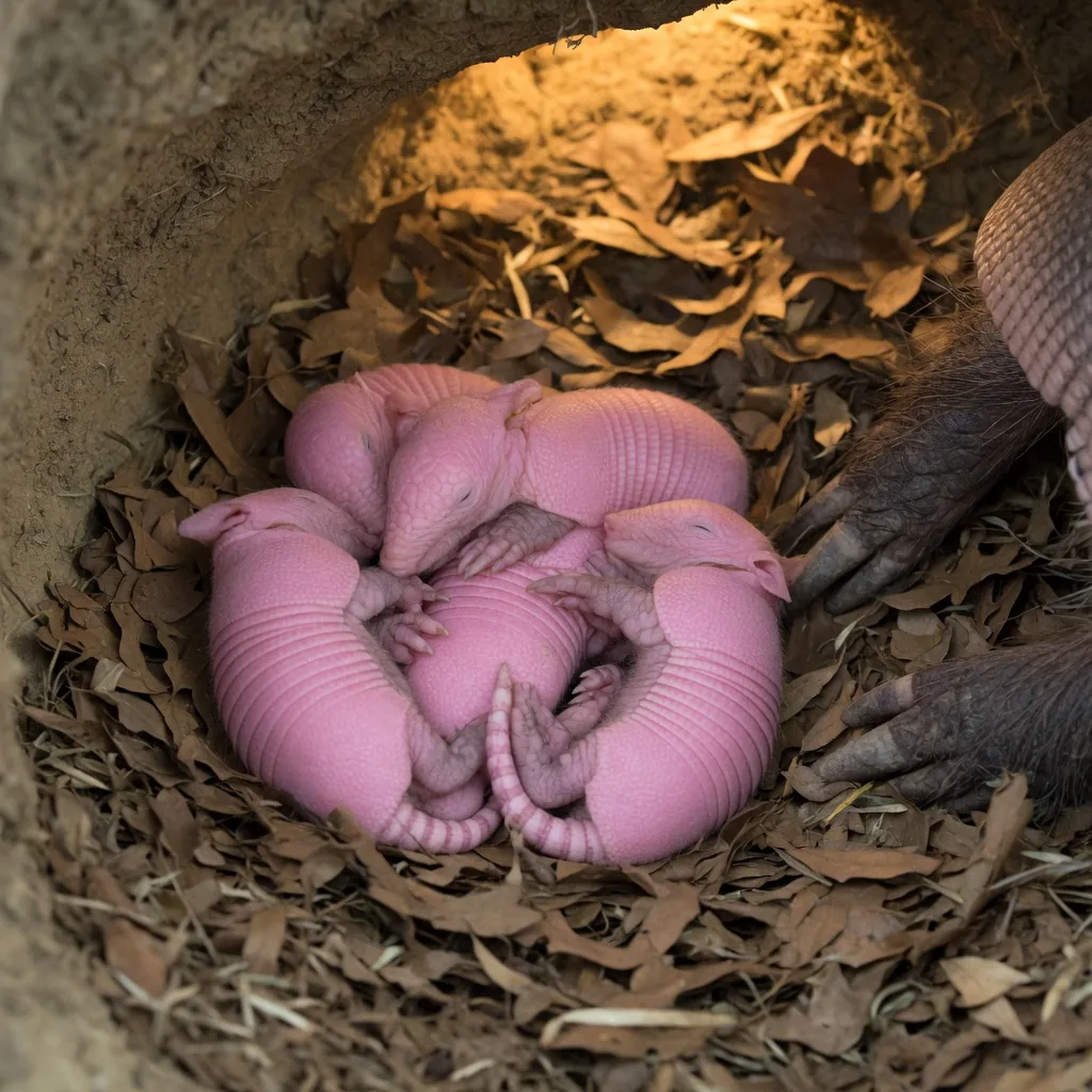 Four identical newborn armadillo quadruplets nestled in a burrow, with soft leathery shells and tiny claws.