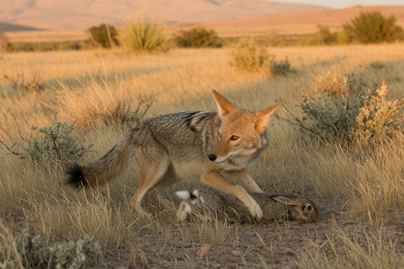 A coyote stands in a grassy field, stepping over a rabbit while a small white rabbit sits nearby.