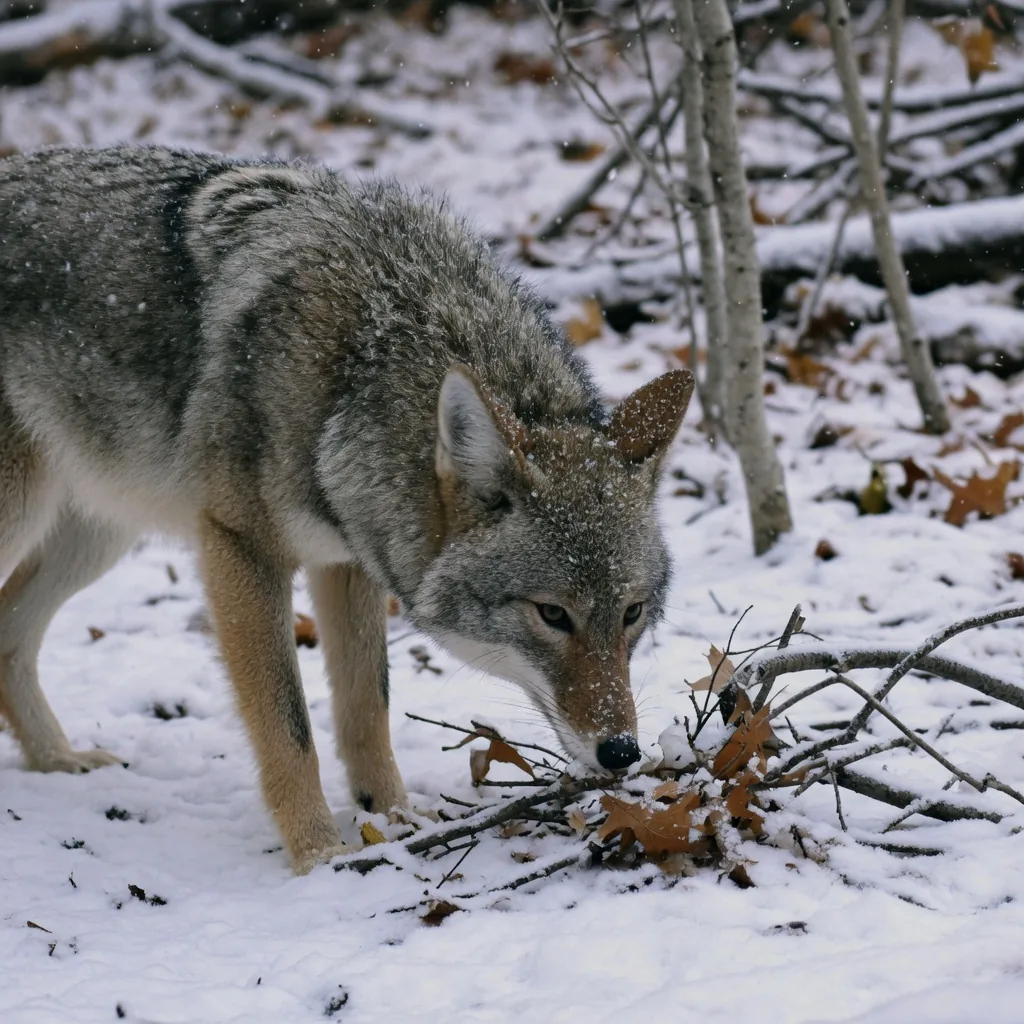 A coyote sniffing through snow in a winter woodland, searching for food among bare branches
