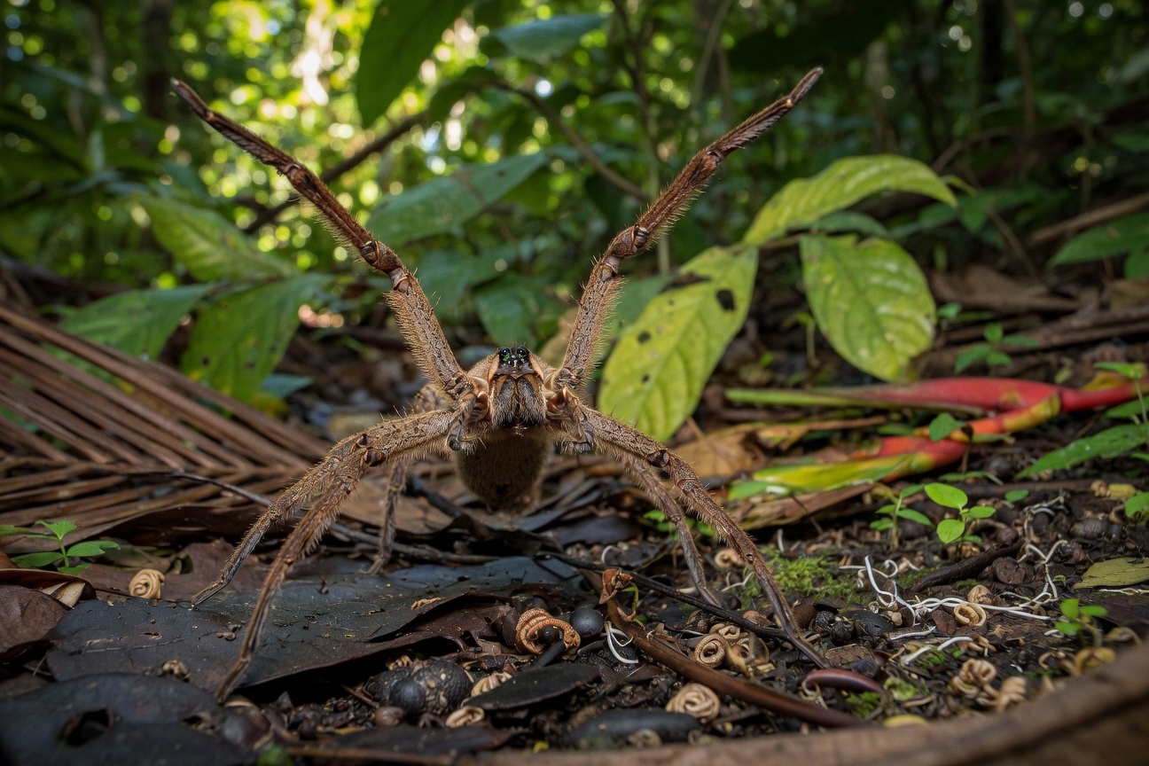 A large brown huntsman spider stands on the forest floor with its front legs raised among leaves and twigs.