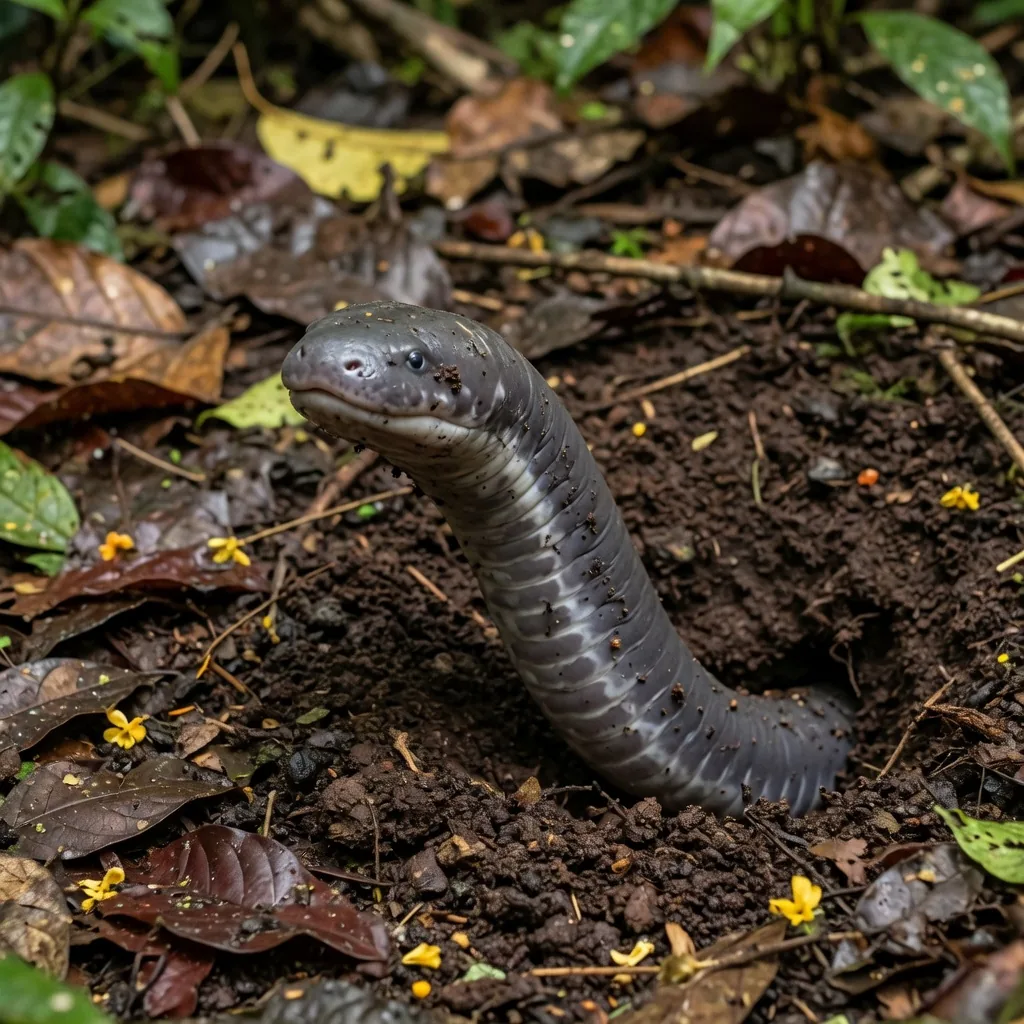 A caecilian amphibian emerging from dark tropical soil, showing its smooth worm-like segmented body with ring markings