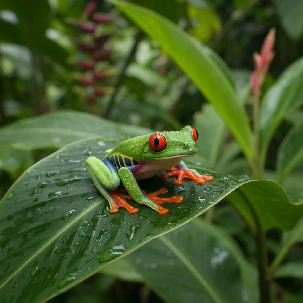 A red-eyed tree frog perched on a tropical leaf, showing its vivid green and red coloring and long webbed hindlimbs