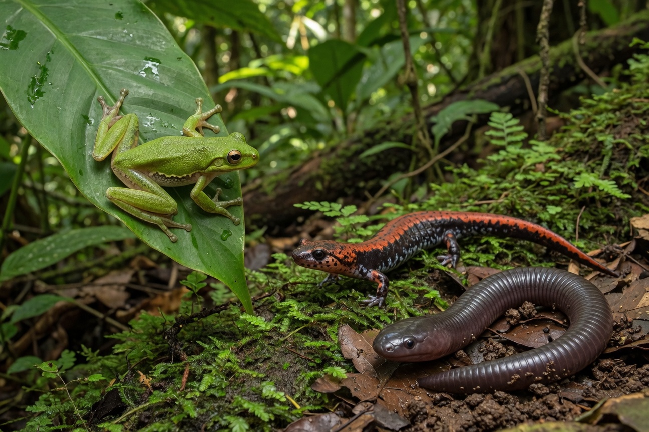 A green tree frog perches on a leaf above a red-backed salamander and a coiled caecilian on the forest floor.