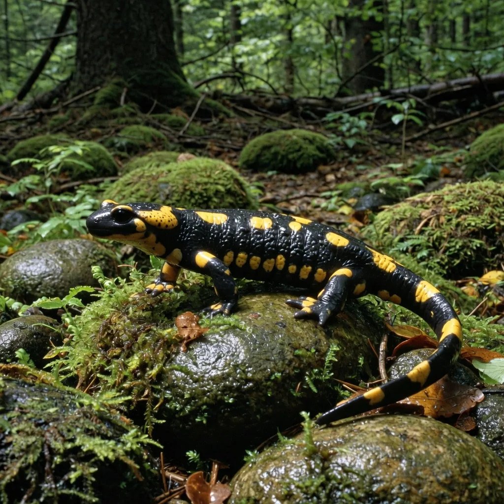 A fire salamander with vivid yellow-and-black patterned skin walking over mossy rocks in a forest