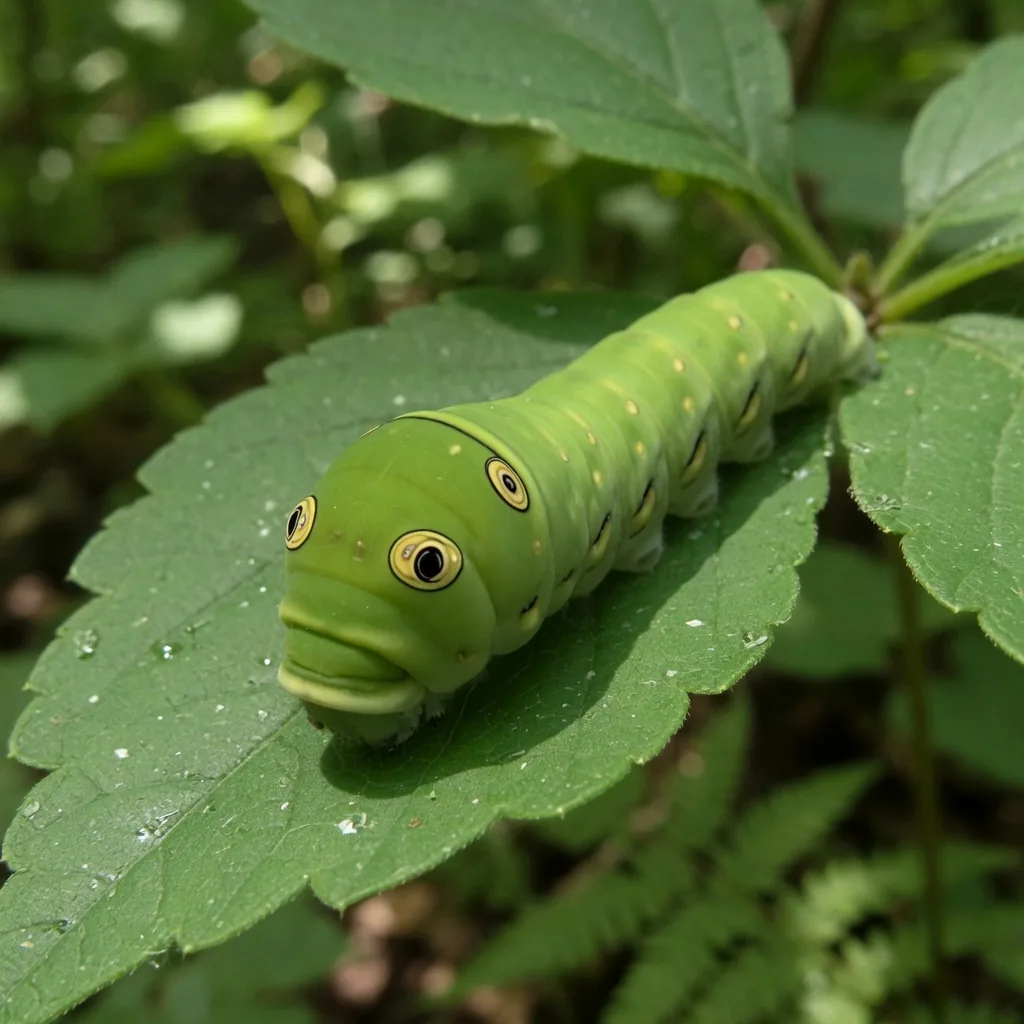 Tiger swallowtail caterpillar, smooth green body with large false eyespots on a leaf