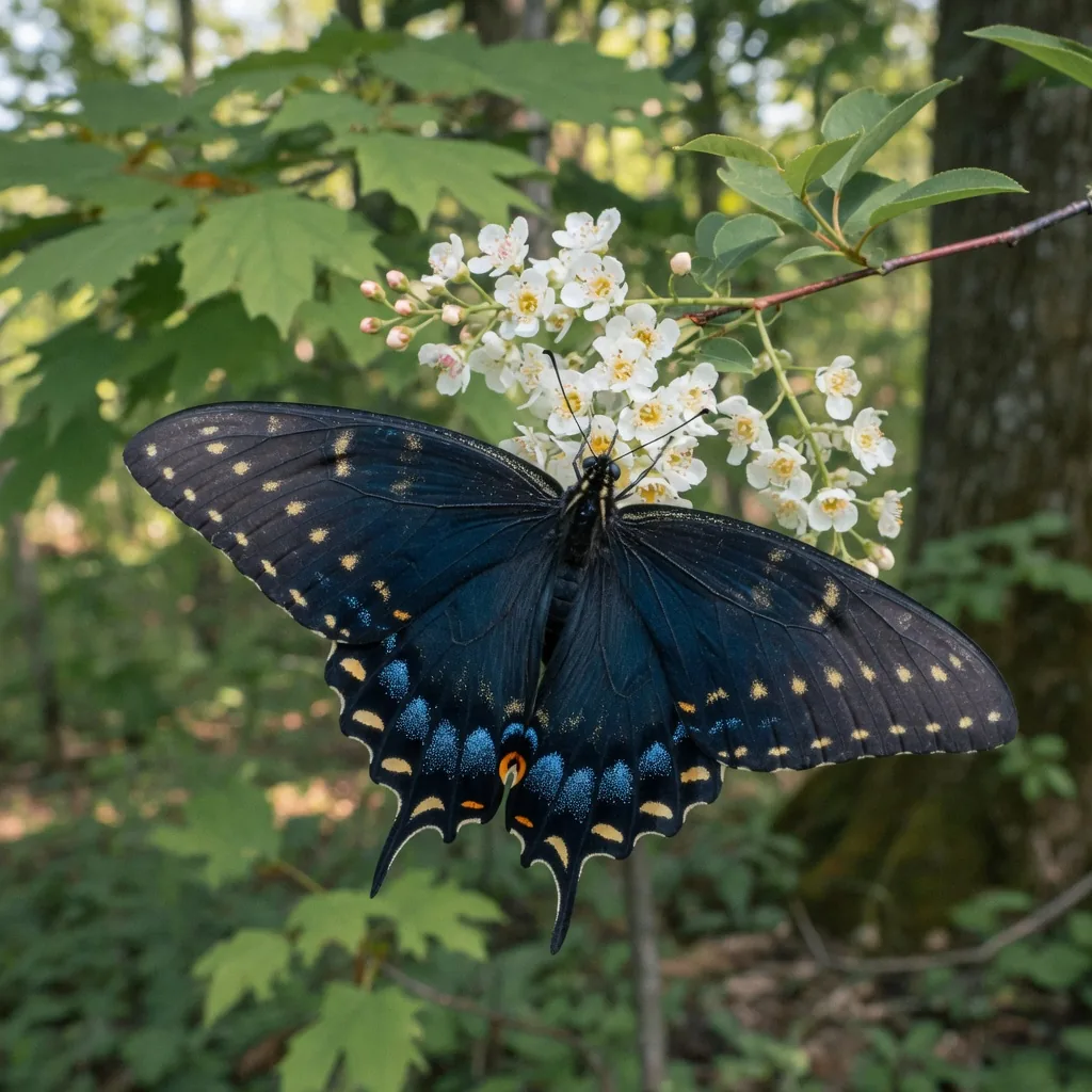 Dark morph female tiger swallowtail butterfly with dark-blue and black wings perched on a flower