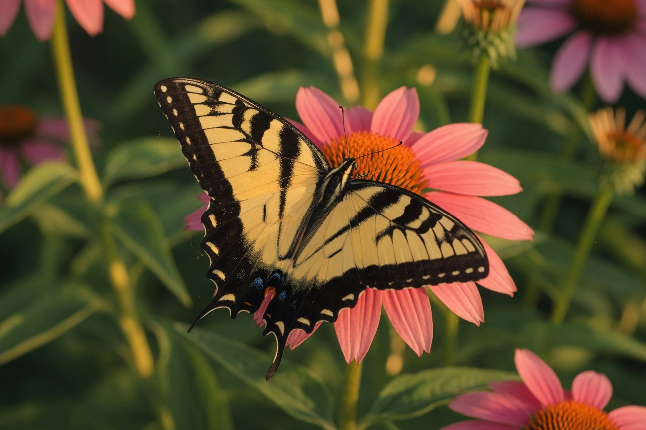 A yellow and black Tiger Swallowtail butterfly perched on a pink coneflower with green foliage in the background.