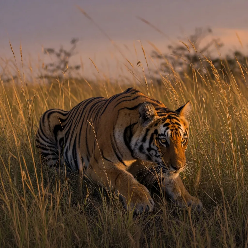 Bengal tiger in a stalking crouch at dusk, intense eyes fixed on prey