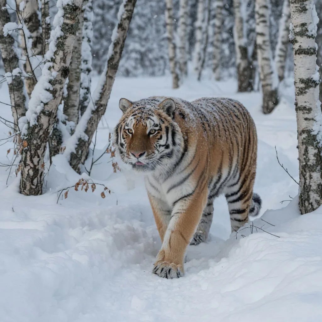 Siberian Amur tiger walking through snow in a Russian forest
