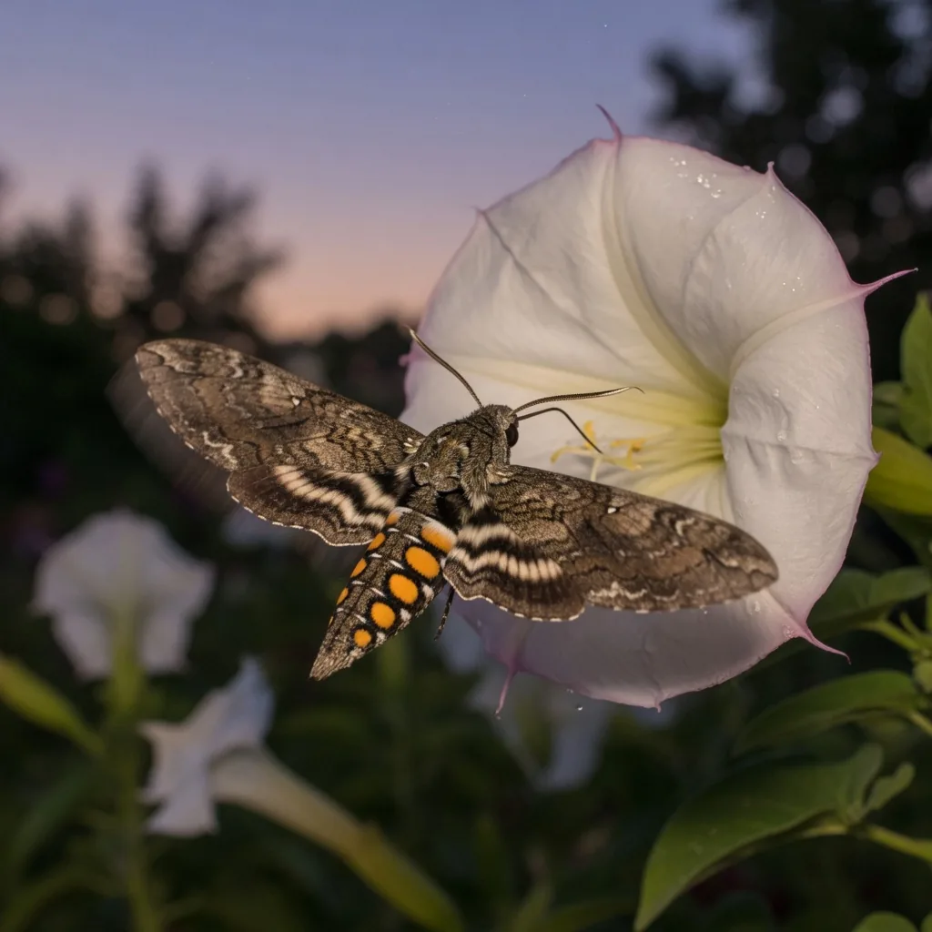 An adult Carolina Sphinx moth (hawk moth) hovering in front of a flower at dusk, wings beating rapidly, showing orange-yellow spots on its abdomen.